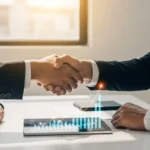 Two professional men shaking hands over a digital tablet to illustrate successful fintech partnerships for growth.