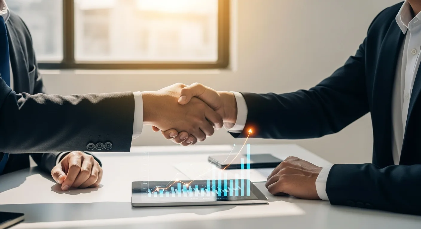 Two professional men shaking hands over a digital tablet to illustrate successful fintech partnerships for growth.
