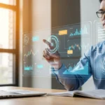 A businessman using a cutting-edge fintech saas platform to manage complex financial data and global transactions.