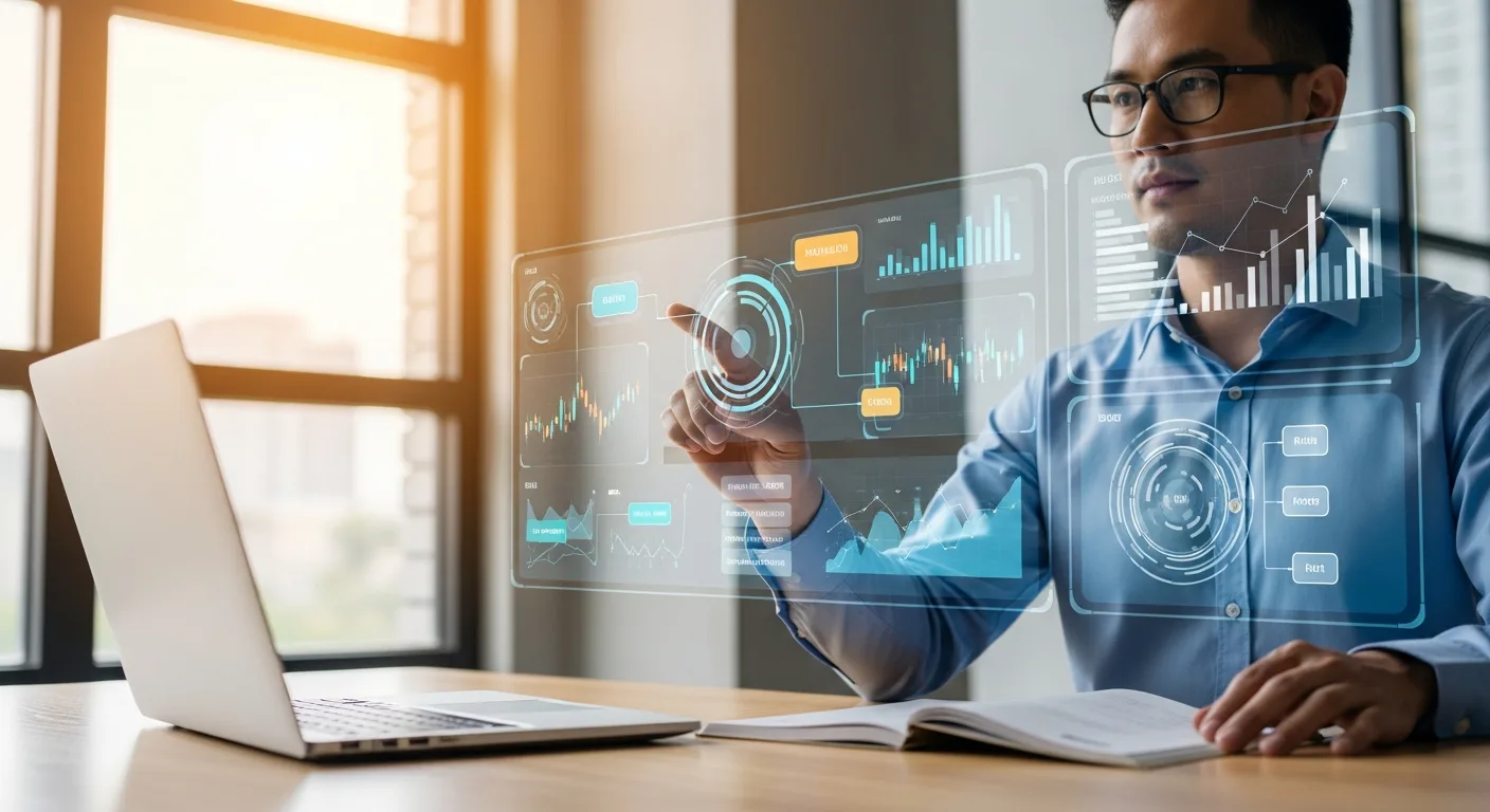 A businessman using a cutting-edge fintech saas platform to manage complex financial data and global transactions.