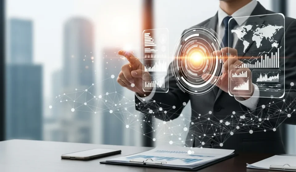 A professional analyzing fintech venture capital investment trends H1 2026 on a high-tech digital display.