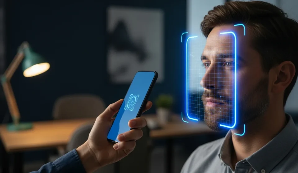 A secure system using fraud detection deepfake prevention biometrics to verify a man's identity on a digital device.