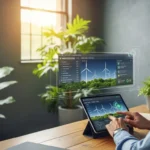 A professional analyzing data on green fintech carbon offset investment platforms for a sustainable future.