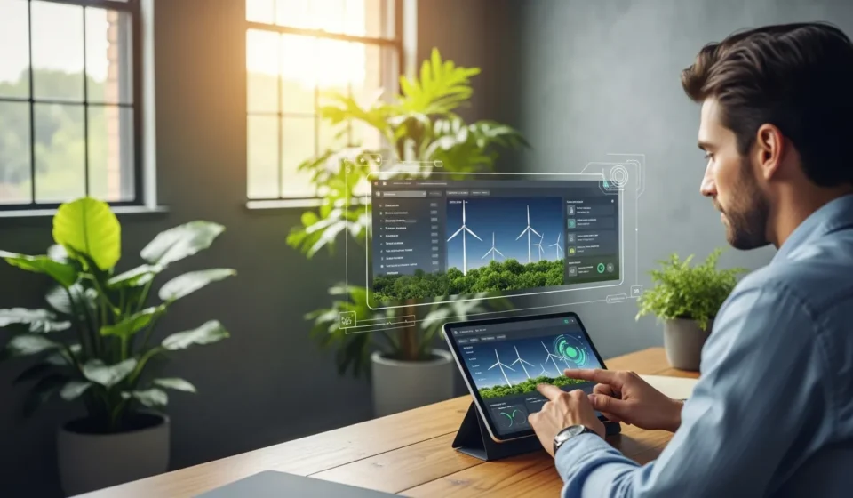 A professional analyzing data on green fintech carbon offset investment platforms for a sustainable future.