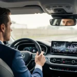 A man viewing insurance embedded finance motor telematics data on a modern electric car's digital dashboard interface.