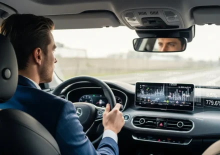 A man viewing insurance embedded finance motor telematics data on a modern electric car's digital dashboard interface.