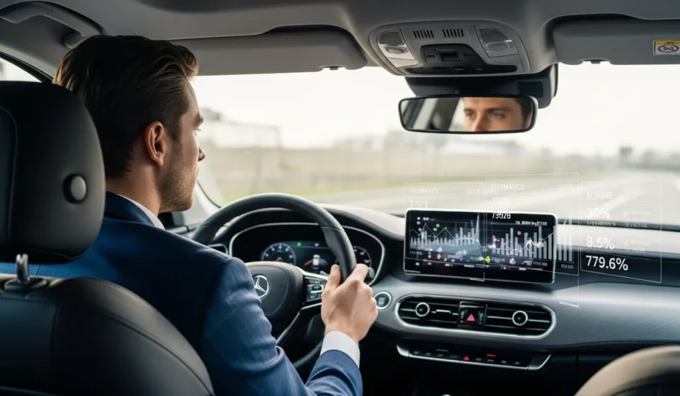 A man viewing insurance embedded finance motor telematics data on a modern electric car's digital dashboard interface.