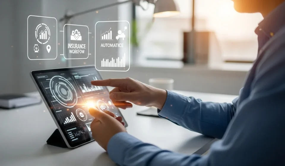 A professional using insurtech AI claims automation platforms to streamline insurance processing on a digital interface.