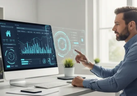 A professional analyzing insurtech connected device IoT underwriting data on a digital tablet in a modern office.