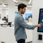 A man using a smartphone to select insurtech embedded warranty and protection products during a retail checkout process.