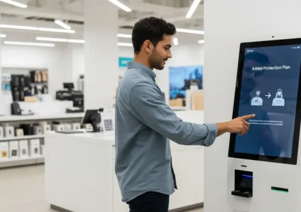 A man using a smartphone to select insurtech embedded warranty and protection products during a retail checkout process.