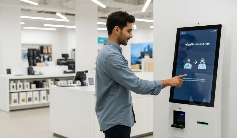 A man using a smartphone to select insurtech embedded warranty and protection products during a retail checkout process.