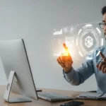 Modern insurtech parametric insurance smart contracts visualization with a professional man reviewing digital data.