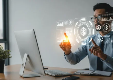 Modern insurtech parametric insurance smart contracts visualization with a professional man reviewing digital data.