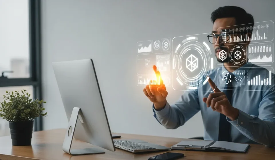 Modern insurtech parametric insurance smart contracts visualization with a professional man reviewing digital data.