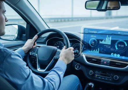 A digital interface illustrating insurtech telematics-based dynamic pricing for calculating lower insurance premiums.