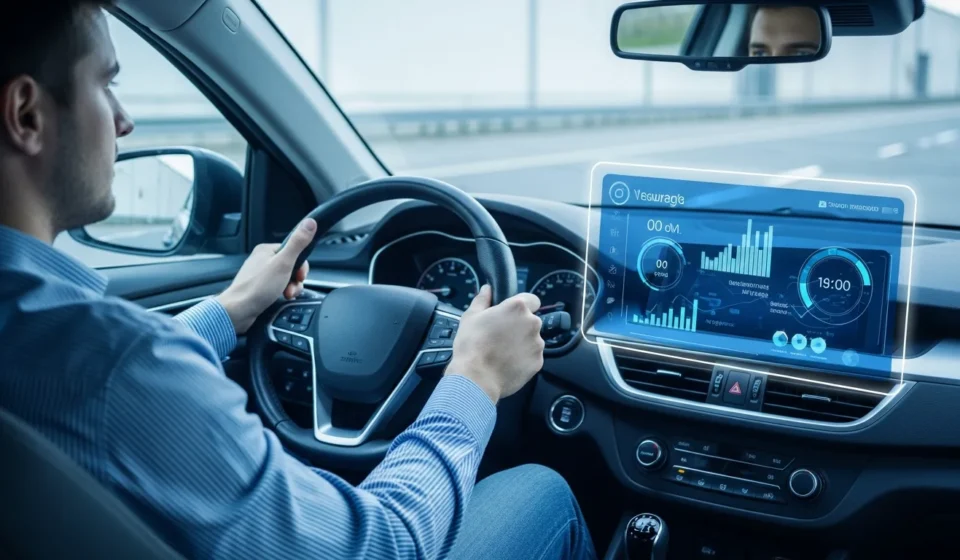 A digital interface illustrating insurtech telematics-based dynamic pricing for calculating lower insurance premiums.