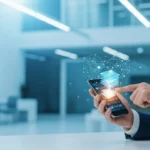 Secure mobile transaction utilizing layer 2 blockchain solutions for fintech payments in a modern financial district.