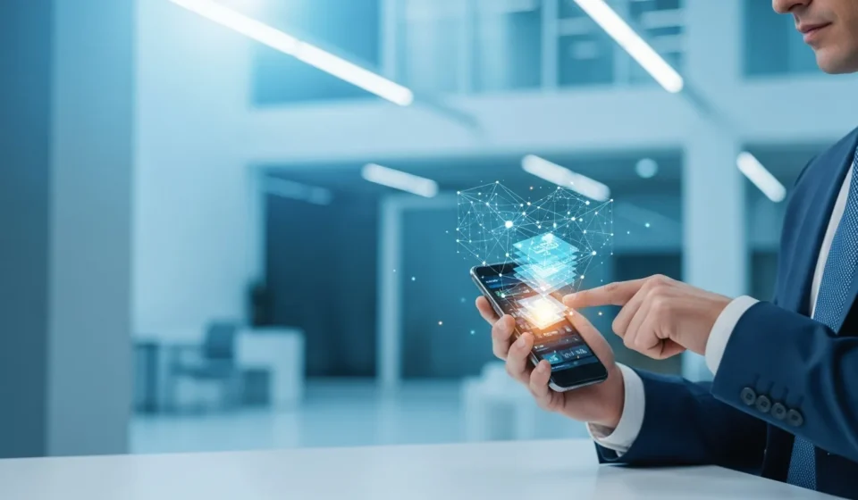 Secure mobile transaction utilizing layer 2 blockchain solutions for fintech payments in a modern financial district.