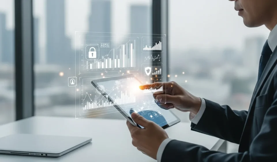 A professional using low-code no-code fintech app development platforms to build secure financial applications.