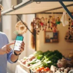 A man using microfinance digital platforms for underbanked populations to manage his small business finances.