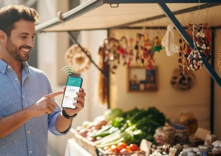 A man using microfinance digital platforms for underbanked populations to manage his small business finances.