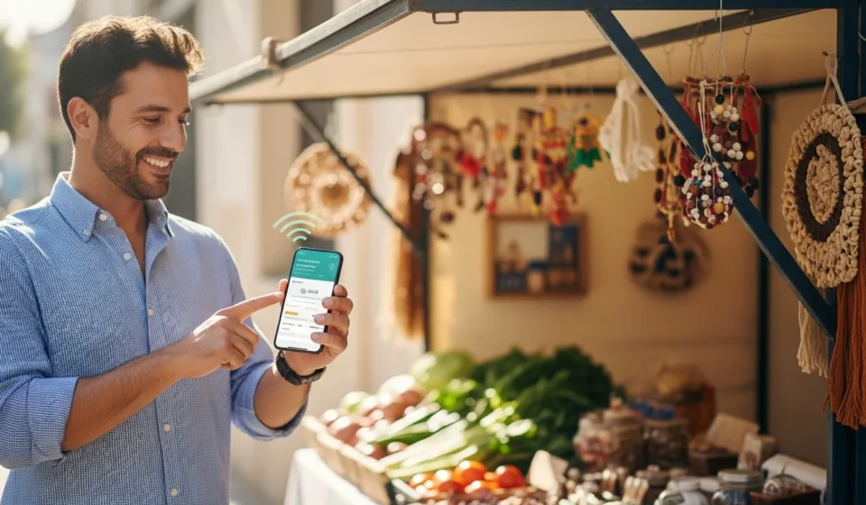 A man using microfinance digital platforms for underbanked populations to manage his small business finances.