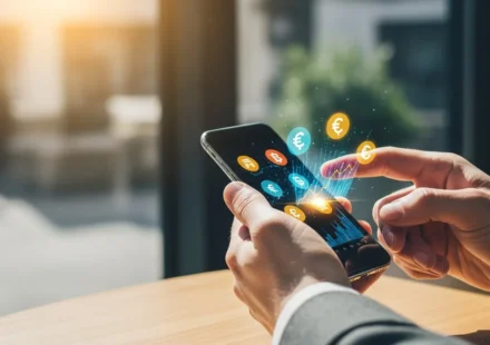 Man using a smartphone for mobile payment super-wallet digital assets integration in a modern setting.