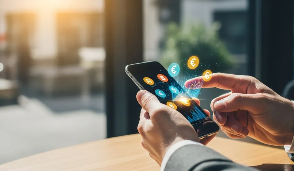 Man using a smartphone for mobile payment super-wallet digital assets integration in a modern setting.