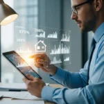 A professional analyzing mortgage automation AI-driven underwriting data on a digital interface in 2026.