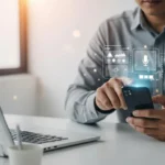 A man using multimodal AI customer service in digital banking through a high-tech smartphone interface.