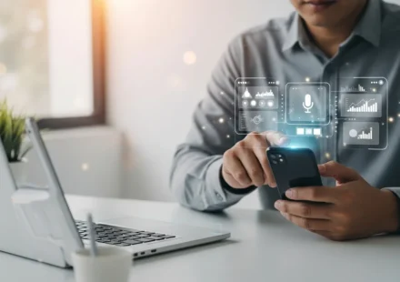 A man using multimodal AI customer service in digital banking through a high-tech smartphone interface.