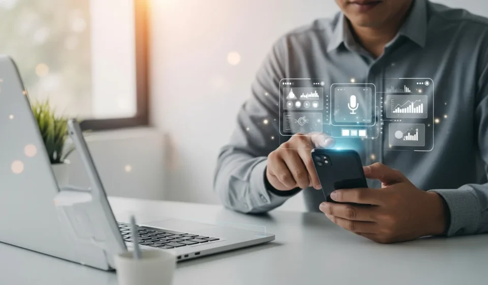 A man using multimodal AI customer service in digital banking through a high-tech smartphone interface.