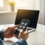 Why Organic SEO is the Only Sustainable Fintech Acquisition Strategy in 2026 Professional using neobank embedded tax payroll freelancer tools on a mobile banking app in a modern home office.