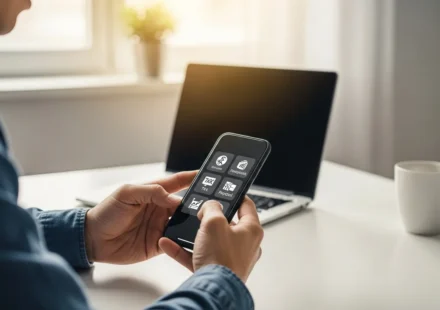 Professional using neobank embedded tax payroll freelancer tools on a mobile banking app in a modern home office.