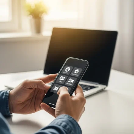 Professional using neobank embedded tax payroll freelancer tools on a mobile banking app in a modern home office.