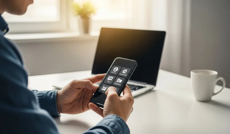 Why Are Neobanks Adding Embedded Tax and Payroll Tools for Freelancers in 2026? Professional using neobank embedded tax payroll freelancer tools on a mobile banking app in a modern home office.