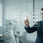 Professional man reviewing neobank revenue diversification lending insurance 2026 data on a futuristic tablet.