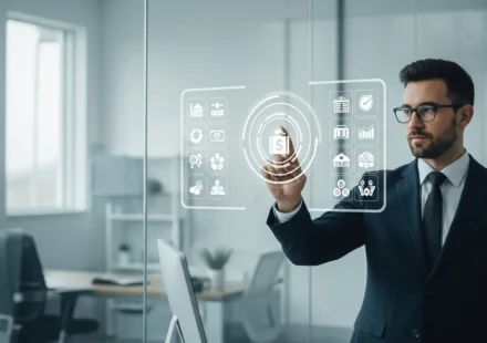 Professional man reviewing neobank revenue diversification lending insurance 2026 data on a futuristic tablet.