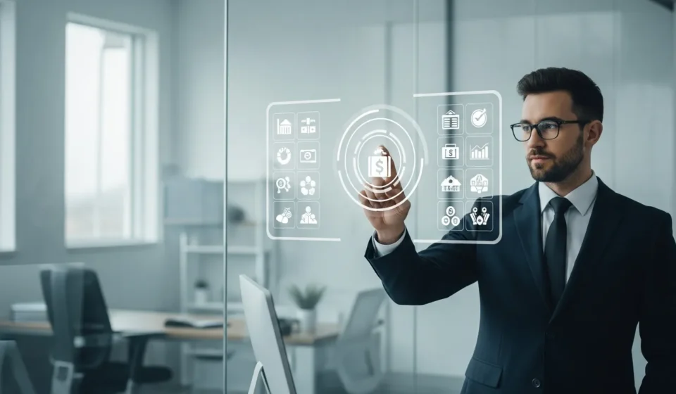 Professional man reviewing neobank revenue diversification lending insurance 2026 data on a futuristic tablet.