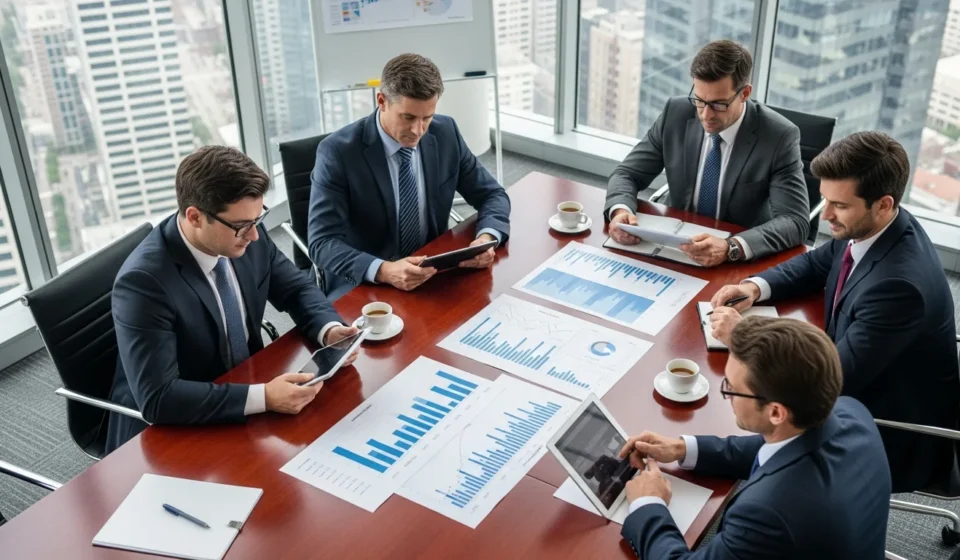 Professional men discussing neobank sponsor bank compliance OCC FDIC scrutiny in a modern financial boardroom.