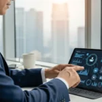 Businessman reviewing a neobank super-app B2B financial services dashboard on a sleek tablet in a modern office.
