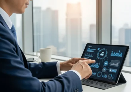 Businessman reviewing a neobank super-app B2B financial services dashboard on a sleek tablet in a modern office.