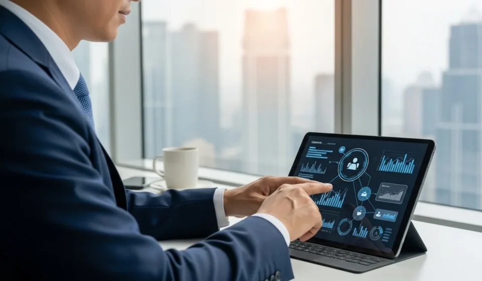 Businessman reviewing a neobank super-app B2B financial services dashboard on a sleek tablet in a modern office.