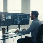 Developer analyzing an open banking API marketplace developer ecosystem on a high-tech multi-monitor setup.