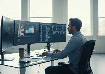 Developer analyzing an open banking API marketplace developer ecosystem on a high-tech multi-monitor setup.