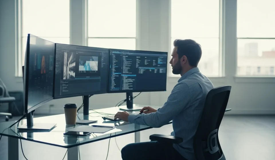 Developer analyzing an open banking API marketplace developer ecosystem on a high-tech multi-monitor setup.