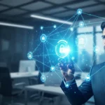 A professional analyzing open finance API standards PSD3 compliance on a high-tech digital interface.