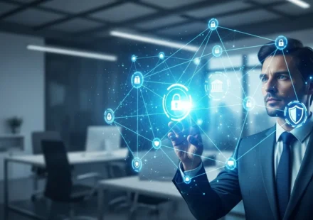 A professional analyzing open finance API standards PSD3 compliance on a high-tech digital interface.