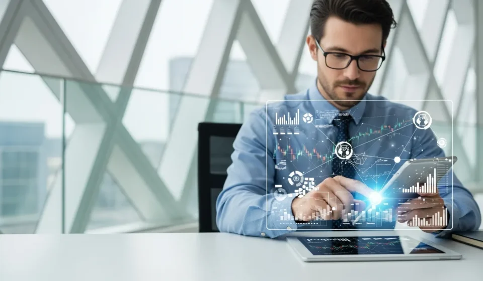 A professional man reviewing digital interfaces representing open finance data portability standards in 2026.